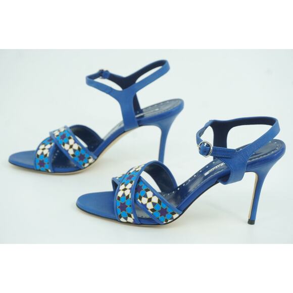 Manolo Blahnik Talitha Linen Strap Blue Floral Sandals size 39.5 Ankle - Picture 10 of 11